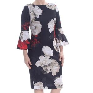 Calvin Klein Bell Sleeved Floral Black and Red Sheath Dress 4